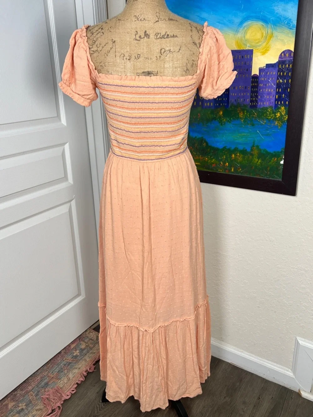 Peach Smocked Maxi Dress with Puff Sleeves - Picture 4 of 6